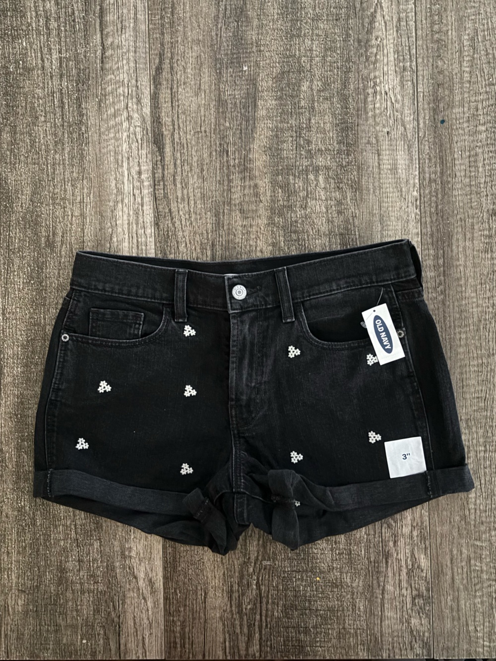 Old Navy Black Denim Shorts with White Embroidered Dots